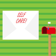 Word writing text Self Care. Business photo showcasing practice of taking action preserve or improve ones own health Blank Big White Envelope and Open Red Mailbox with Small Flag Up Signalling