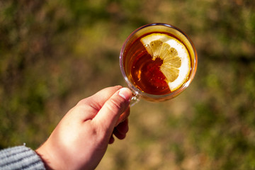 Person holding a hot cup of healthy tea with a lemon slice isolated with a blurred background