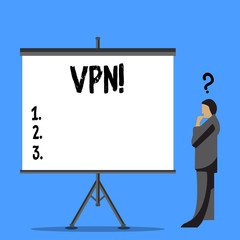 Word writing text Vpn. Business photo showcasing Secured virtual private network across confidential domain protected Businessman with Question Mark Above his Head Standing Beside Blank Screen