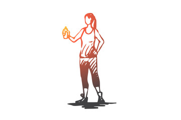 Sportive, woman, drink, water, active concept. Hand drawn isolated vector.