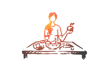 Healthy food, fruits, vegetables, diet concept. Hand drawn isolated vector.