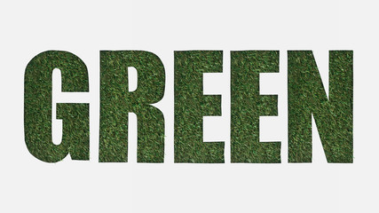top view of cut out green lettering on green grass isolated on white