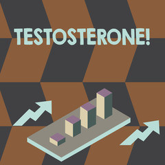Fototapeta premium Writing note showing Testosterone. Business concept for Male hormones development and stimulation sports substance Clustered 3D Bar Chart Graph in Perspective with Two Arrows