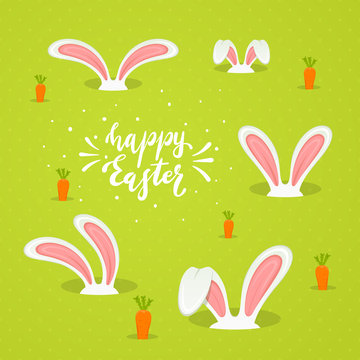 Lettering Happy Easter with Rabbit Ears on Green Background