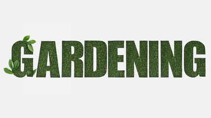 top view of cut out gardening lettering on green grass isolated on white