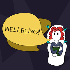 Handwriting text writing Wellbeing. Conceptual photo Healthy lifestyle conditions of showing life work balance Girl Holding Book with Small Hearts Around her and Two Color Speech Bubble