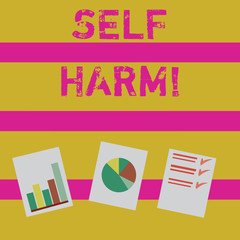 Word writing text Self Harm. Business photo showcasing deliberate injury typically analysisifestation psychological Presentation of Bar, Data and Pie Chart Diagram Graph Each on White Paper