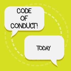 Conceptual hand writing showing Code Of Conduct. Concept meaning Follow principles and standards for business integrity Blank White Speech Balloons Conversation on Pastel Backdrop