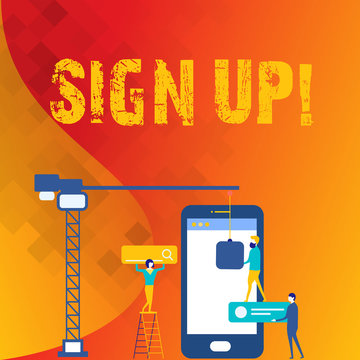 Word writing text Sign Up. Business photo showcasing commit oneself to period of employment website or in forces Staff Working Together for Common Target Goal with SEO Process Icons