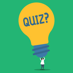 Handwriting text Quizquestion. Conceptual photo Short Tests Evaluation Examination to quantify your knowledge Person Standing and Raising Up Arms Holding Big Yellow Lightbulb for Ideas