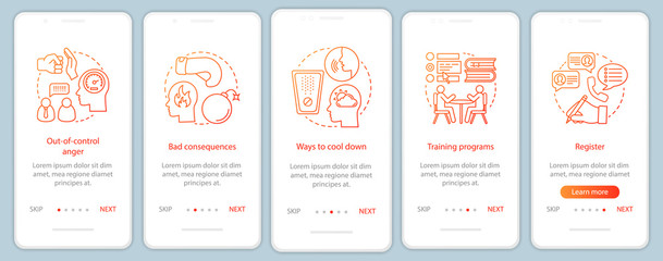 Anger management onboarding mobile app page screen with linear concepts