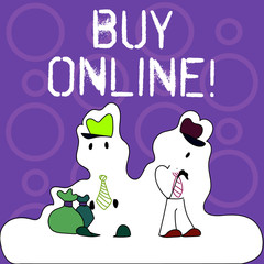 Handwriting text writing Buy Online. Conceptual photo electronic commerce which allows consumers to directly buy goods Figure of Two Men Standing with Pouch Bag on White Sticker Style Snow Effect