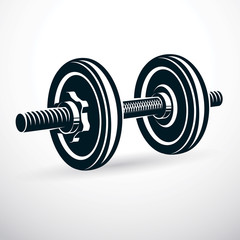 Dumbbell vector illustration isolated on white with disc weight. Sport equipment for power lifting and fitness training.