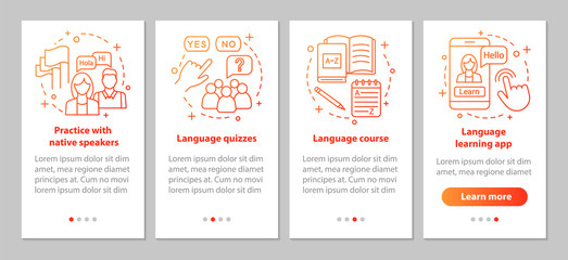 Naklejka na ściany i meble Language learning onboarding mobile app page screen vector template