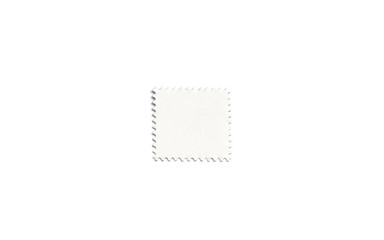Blank white square postage stamp mockup, isolated, depth of field, 3d rendering. Empty mark for letter mock up, top view. Clear postal sticker for philately or mailing template.