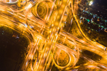 Aerial view city night transport road
