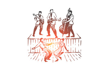 Rock and Roll, dance, music, party, retro concept. Hand drawn isolated vector.