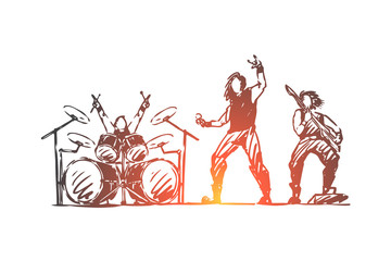 Band, rock, music, party, group concept. Hand drawn isolated vector.