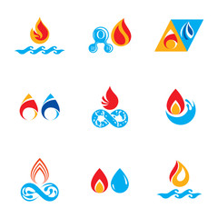 Set of nature power symbols, composition of water and fire elements. Vector illustrations for use in advertising.