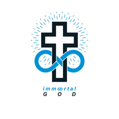 Immortal God conceptual logo design combined with infinity loop sign and Christian Cross, vector creative symbol.