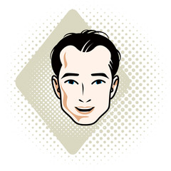 Man face, human head. Vector character, handsome brunet male with stylish haircut.