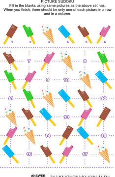 Picture sudoku puzzle 6x6 (one block) with colorful ice cream popsicles and cones. Answer included.