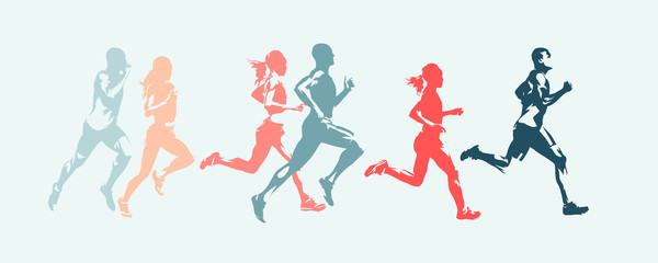 Marathon run. Group of running people, men and women. Isolated vector silhouettes - obrazy, fototapety, plakaty