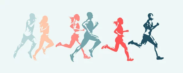 Poster Marathon run. Group of running people, men and women. Isolated vector silhouettes © michalsanca