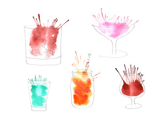 illustration of watercolor set of drinks