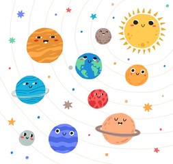 Cute planets of Solar system with happy faces. Funny celestial objects in outer space. Pretty astronomical bodies orbiting Sun. Astronomy for children. Childish flat cartoon vector illustration. © Good Studio