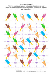 Picture sudoku puzzle 6x6 (one block) with colorful ice cream popsicles and cones. Answer included.