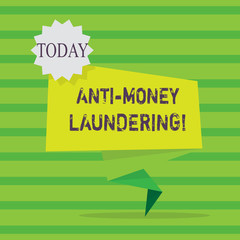 Word writing text Anti Money Laundering. Business photo showcasing regulations stop generating income through illegal actions Blank Space Green Two Tone Folded Back Banner Strip with Seal Stamp