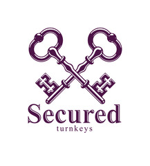 Crossed keys, vintage antique turnkeys vector logo or emblem, protected secret, electronic data protection, keys to heaven, hotel label, keep secret.