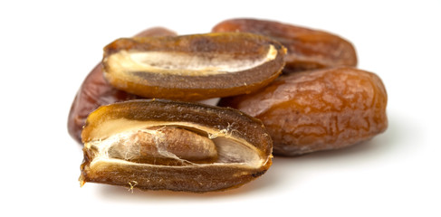 Dried of sweet dates palm fruits on white background. Dates is a dried fruit that provides high energy.