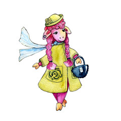 Drawing watercolor with the image of a fashionable sheep for the design of prints, posters, covers, banners, avatar