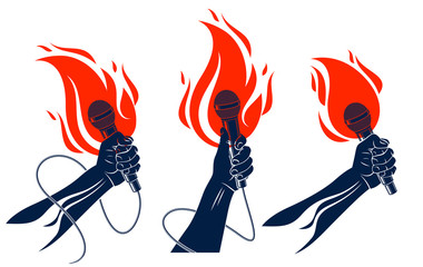 Rap music vector logos or emblems set with microphone in hand flames, hot Hip Hop rhymes festival concert or night club party labels, t-shirt prints.