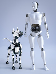 3D rendering of male robot with a futuristic robot dog.