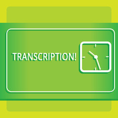 Text sign showing Transcription. Business photo showcasing Written or printed process of transcribing words text voice Modern Design of Transparent Square Analog Clock on Two Tone Pastel Backdrop