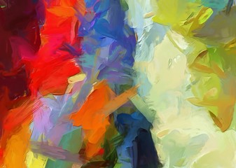 Modern impressionism style wall art decor print. Expressionism painting adapted for printing design pattern in hand made. Colorful multicolored background in warm and bright tone. Contrast artwork.