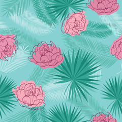 Seamless pattern with tropical leaves and summer pink flowers for textile, wallpapers, gift wrap, covers, scrapbook. Vector illustration.