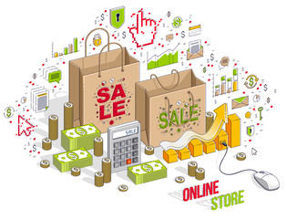 Online Shop concept, web store, internet sales, Shopping bag with pc mouse connected isolated on white. 3d vector business isometric illustration with icons, stats charts and design elements.