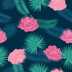 Seamless pattern with tropical leaves and summer pink flowers for textile, wallpapers, gift wrap, covers, scrapbook. Vector illustration.