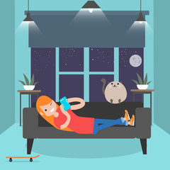 Young character lying on a sofa with smartphone. . Modern lifestyle.Flat cartoon design.clip art