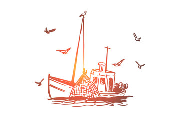 Fishing, boat, commercial, ship, marine concept. Hand drawn isolated vector.