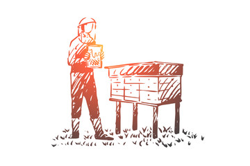 Beekeeper, agriculture, farm, bee, apiary concept. Hand drawn isolated vector.