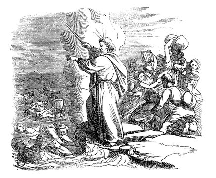 Vintage antique illustration and line drawing or engraving of biblical story of crossing the Red Sea, Moses is leading Israelites through, Egyptian army is drowned.From Biblische Geschichte des alten