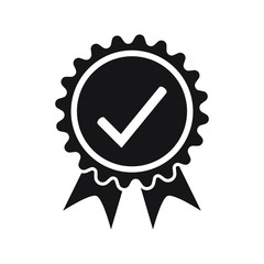 Quality check ribbon icon. Vector product certified or best choice recommended award and warranty check approved certificate mark label
