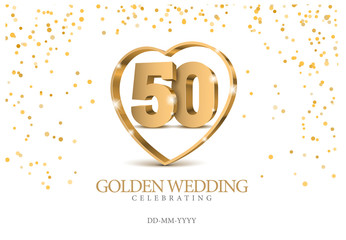Anniversary golden wedding 50 years married. gold 3d numbers in heart. Poster template for Celebrating 50th anniversary event party. Vector illustration