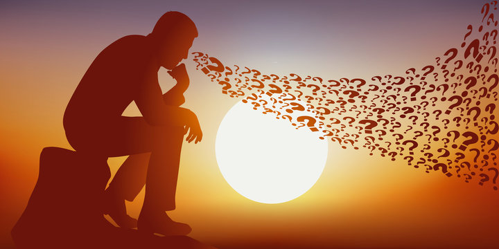 Concept de la r&eacute;flexion avec symboliquement des points d&rsquo;interrogation qui s&rsquo;&eacute;chappe de la t&ecirc;te d&rsquo;un homme qui m&eacute;dite dans la position du penseur de Rodin.