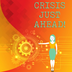 Word writing text Crisis Just Ahead. Business photo showcasing Foresee failure take right action before it is late Woman Standing and Presenting the SEO Process with Cog Wheel Gear inside